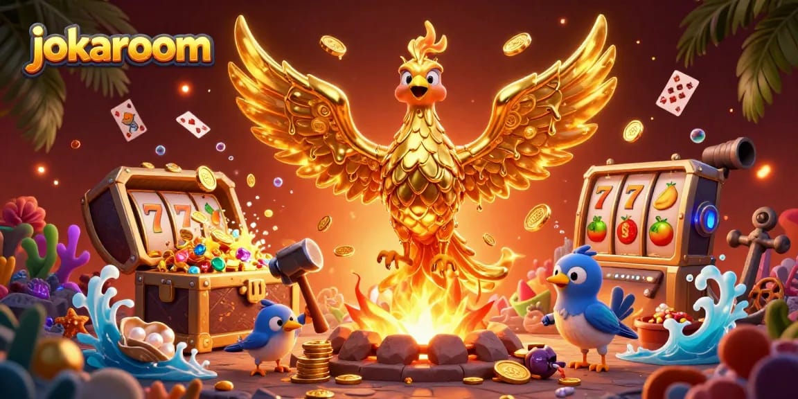 Experience the thrill of jokaroom's online pokies with vibrant golden phoenix and dazzling casino elements.