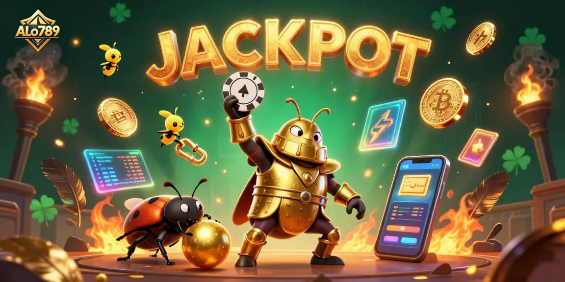 Experience the excitement at ALo789 with a victorious beetle themed around cockfighting and gambling.