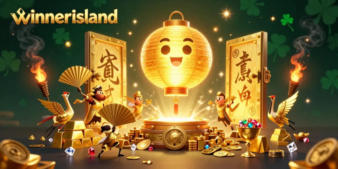 winnerisland presents a vibrant 3D scene with golden symbols and casino elements showcasing exciting gaming adventures