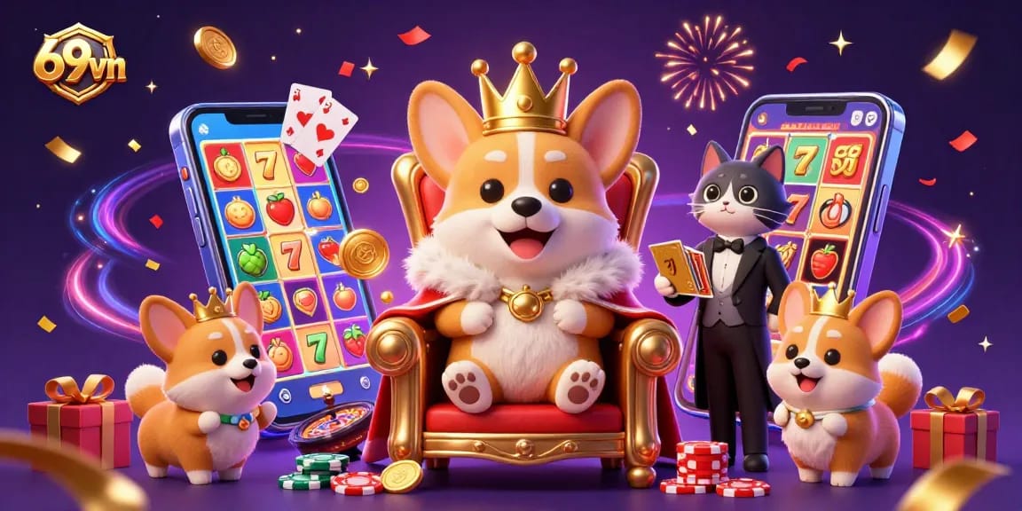 Experience excitement with 69vn showcasing a regal corgi on a throne surrounded by casino games.
