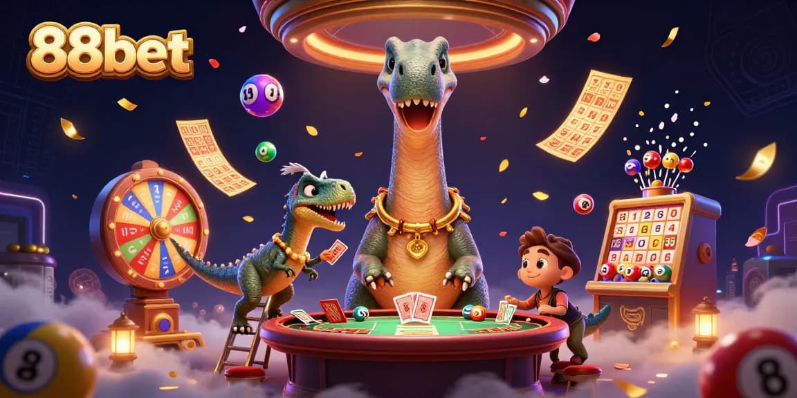 88bet offers an exciting casino experience with vibrant characters and games in a dynamic scene.