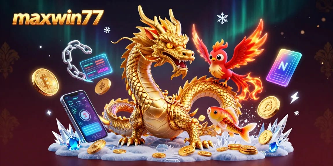 Experience maxwin77 luck with a fierce golden dragon, phoenix, and koi fish amid floating golden coins.