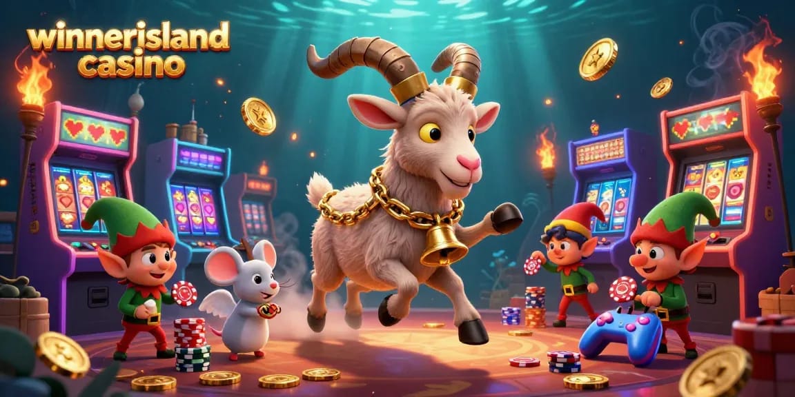 Explore the vibrant scene at winnerislandcasino featuring Krampus, an angel mouse, and elf gremlins in a dynamic casino.