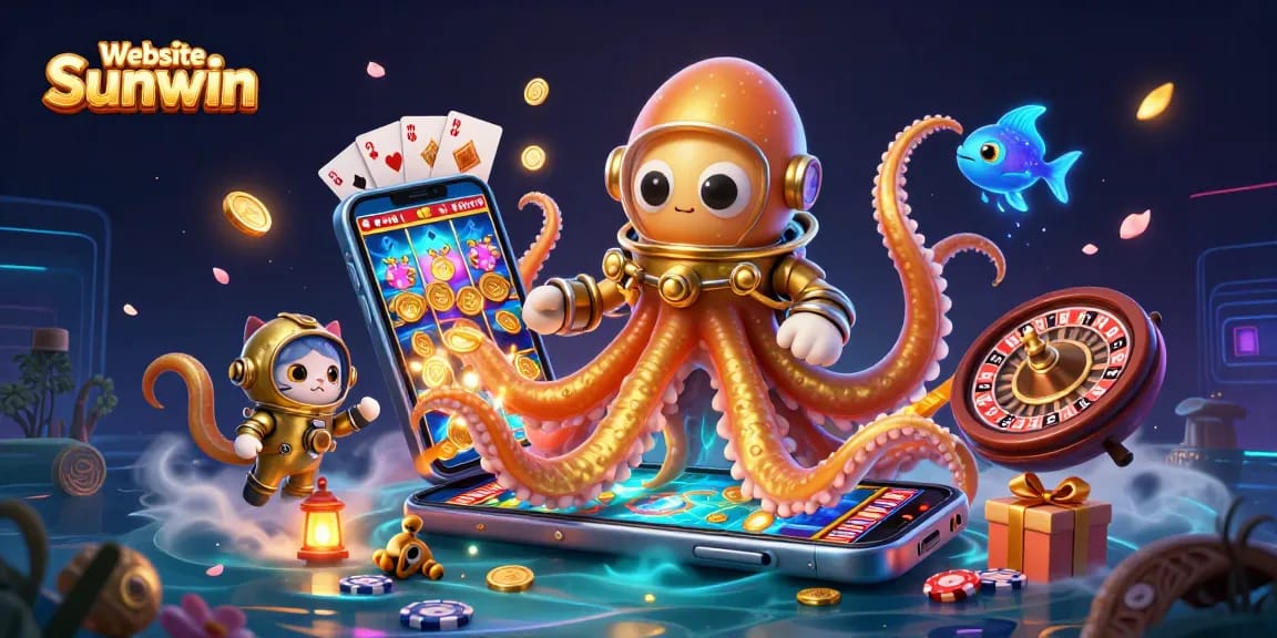 Website Sunwin features a captivating 3D casino scene with kraken, diving cat, and slot games.