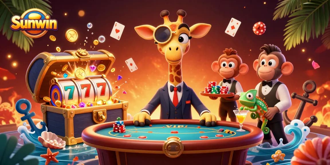 Experience thrilling gaming action at Sunwin with a vibrant 3D casino scene featuring unique characters.