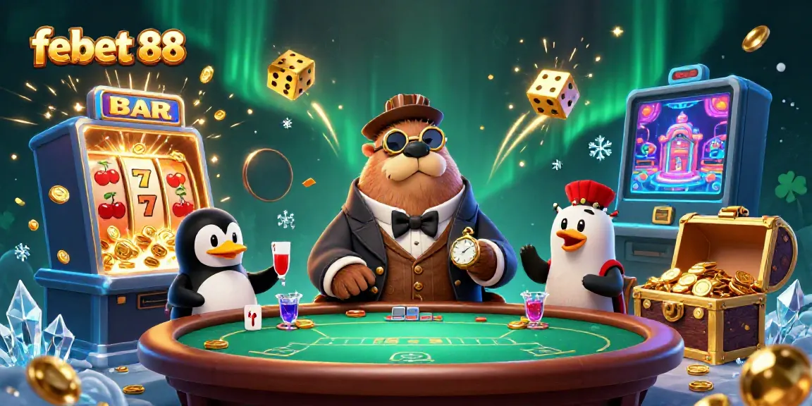 Experience thrilling gameplay at febet 88 with a vibrant underwater casino scene featuring a jolly walrus playing poker.