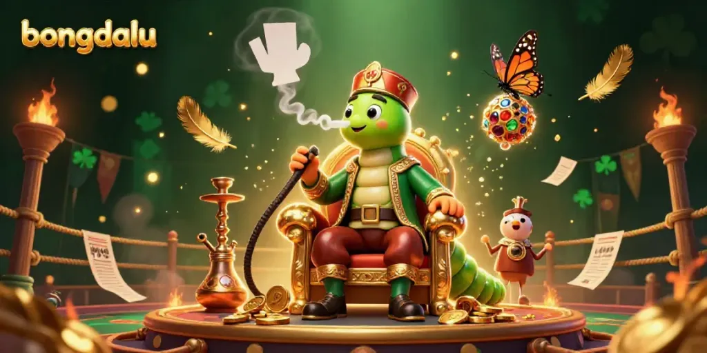 Bongdalu sports betting scene featuring a colorful caterpillar hookah-master with betting slips and arena elements.