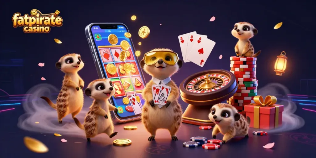 Experience the excitement of fatpirate casino with meerkats running a vibrant casino operation and slot games!