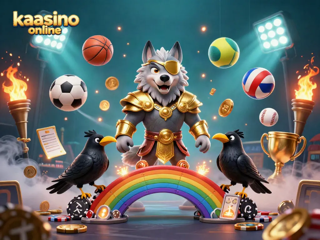 Experience kaasino online with dynamic 3D elements showcasing sports betting excitement and vibrant casino action.