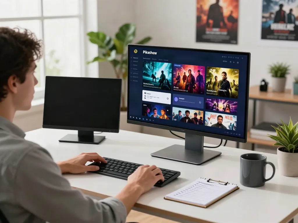 Person using Pikashow for Windows 11 in a vibrant, modern workspace.