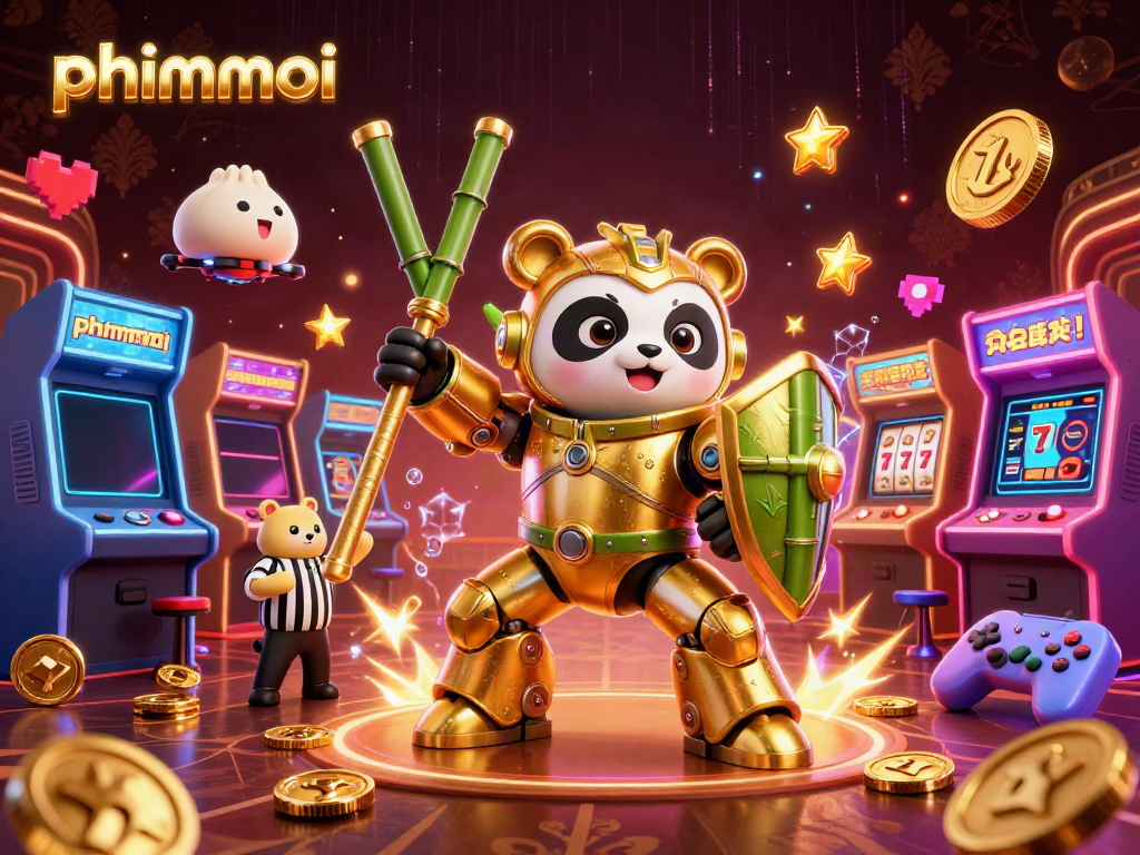 Engage in thrilling gameplay with phimmoi's golden panda robot in a vibrant casino arena.