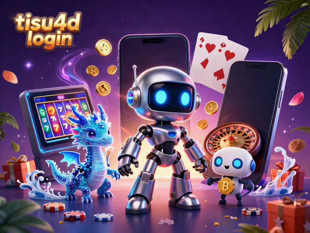 Permainan slot menarik di TISU4D login dengan robot cyberpunk dan simbol bitcoin.