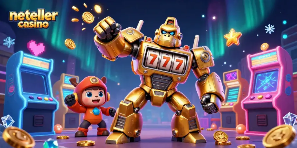 Action-packed scene illustrating neteller casino with a golden gorilla mech and arcade elements.