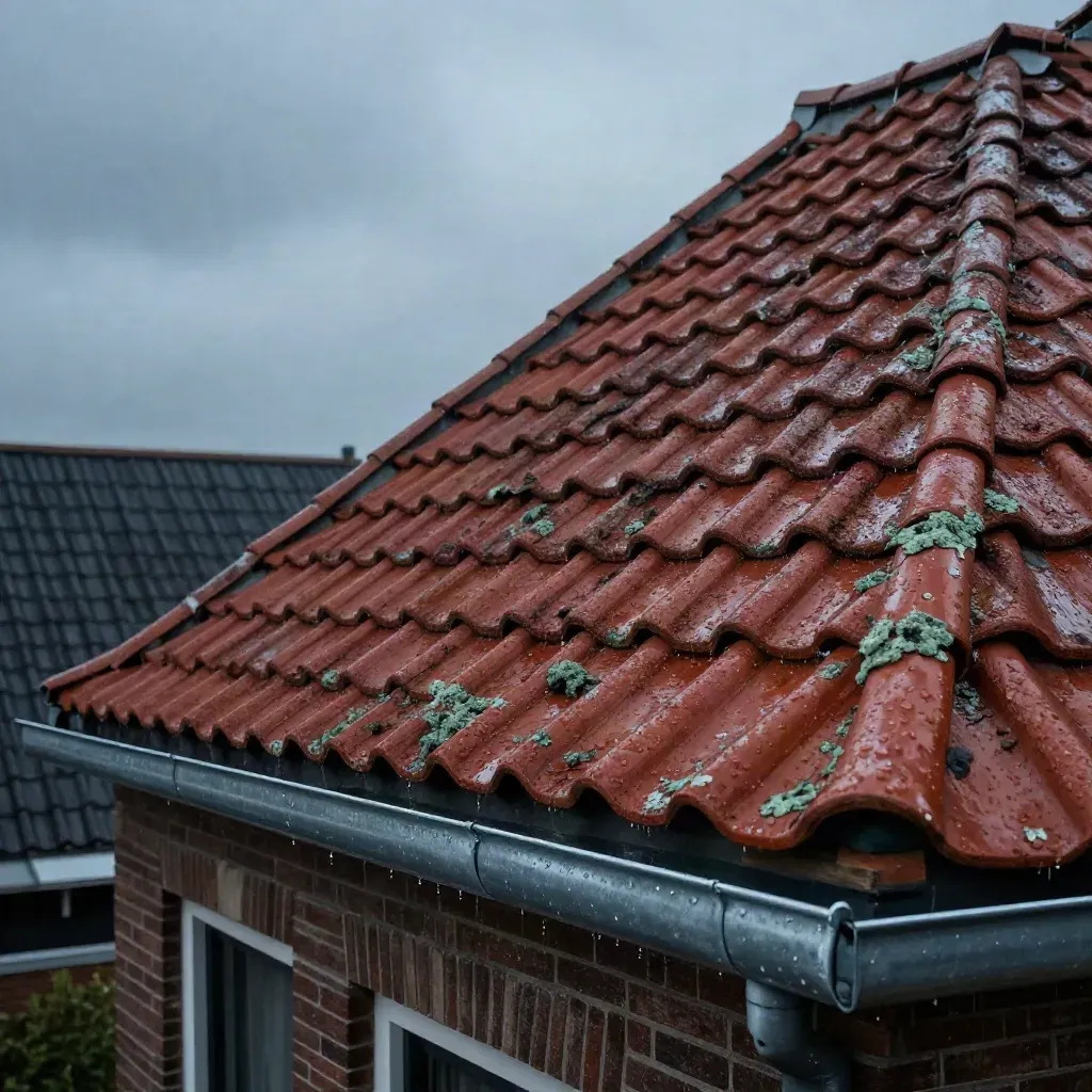 Nederlands zadeldak met rode pannen, zinken kilgoot en glanzend regenwater in schemerlicht