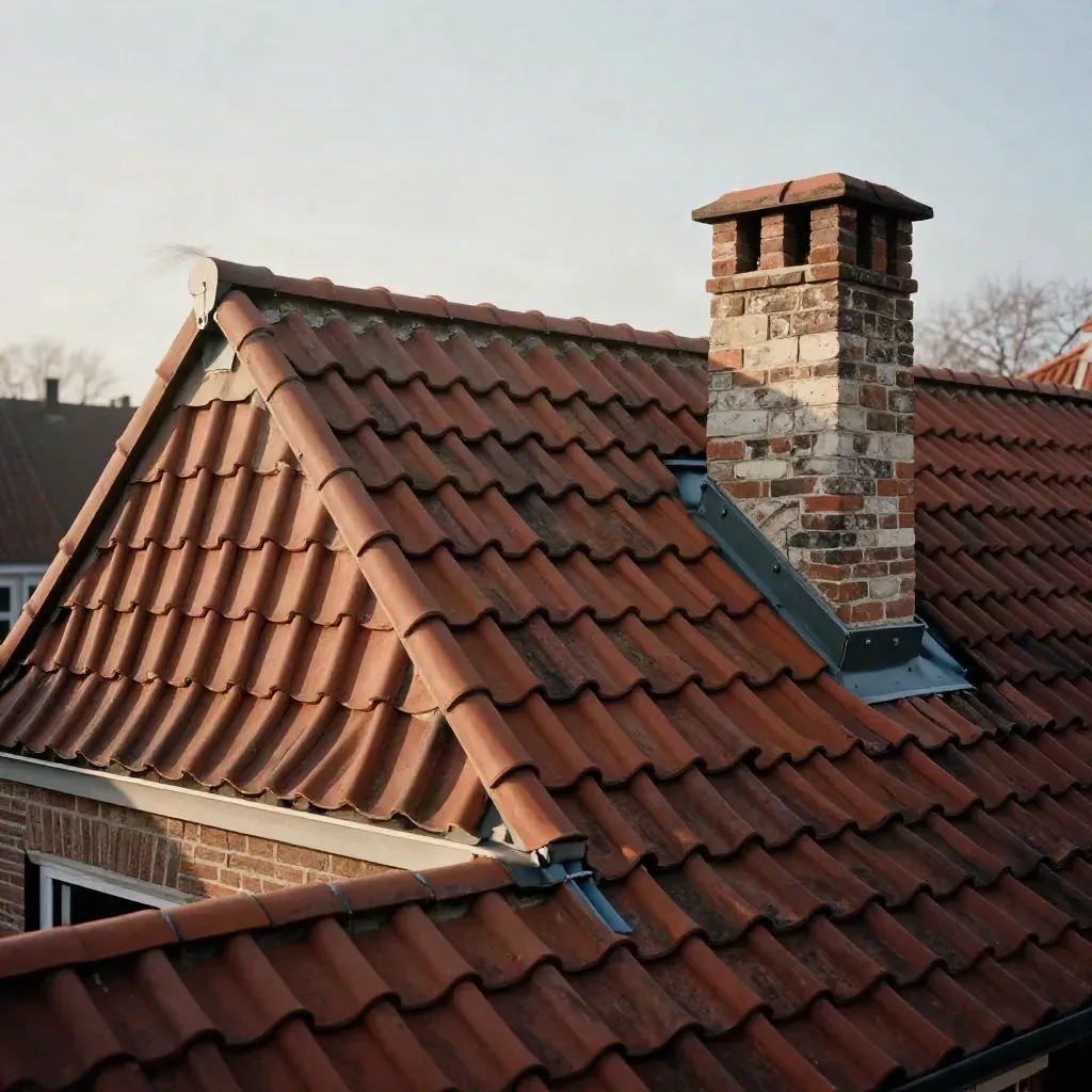 Laag vanaf de dakrand: vernieuwde pannenvlakte met nok, kilgoot en herstelde schoorsteenvoet.