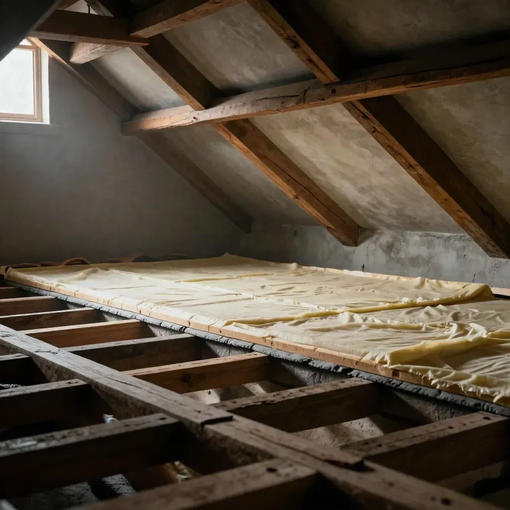 Droge zolder met herstelde dakbeschotstrook, nieuwe isolatie en licht op de muur.