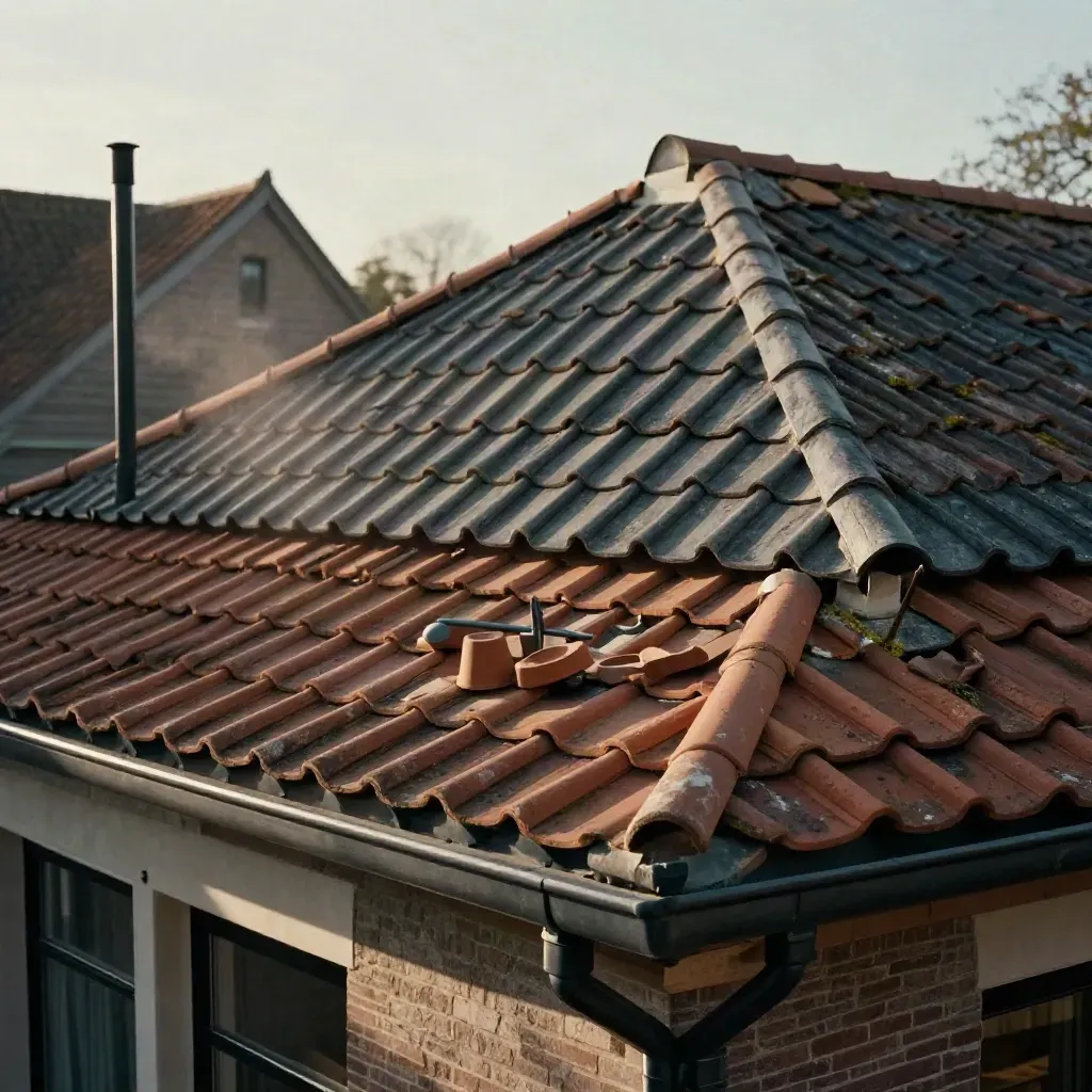 Onderhoudscontract op het dak met schone goot, nette nok en reserve dakpannen in middaglicht.