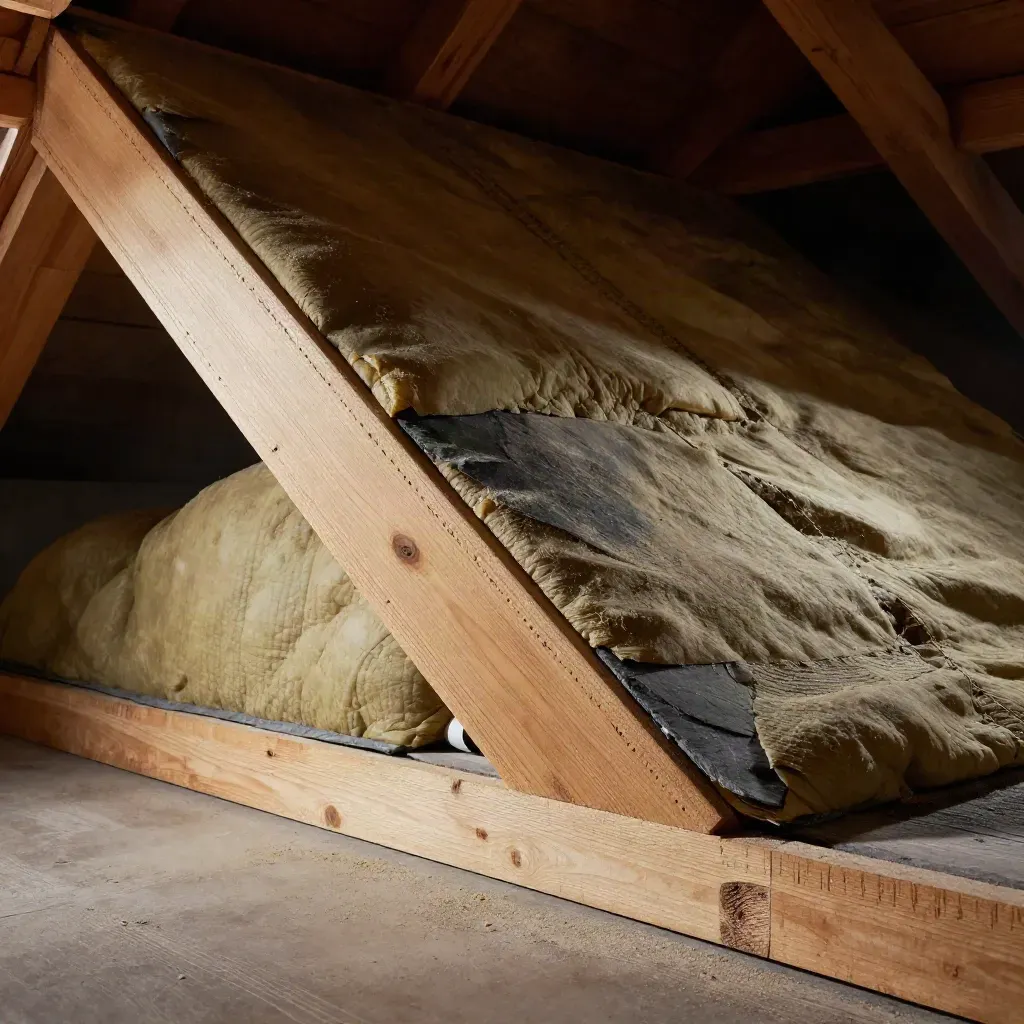 Zolderdak met dikke isolatieplaten tussen de sporen en warme houten randen in dramatisch licht.