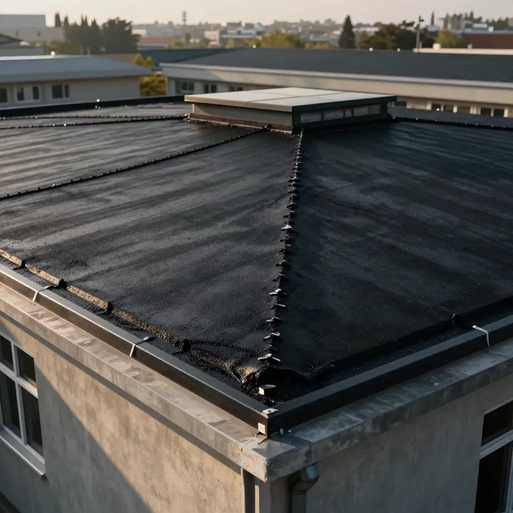 Nieuw bitumen dak op een schoolgebouw met dakkoepel en strakke afwerking.