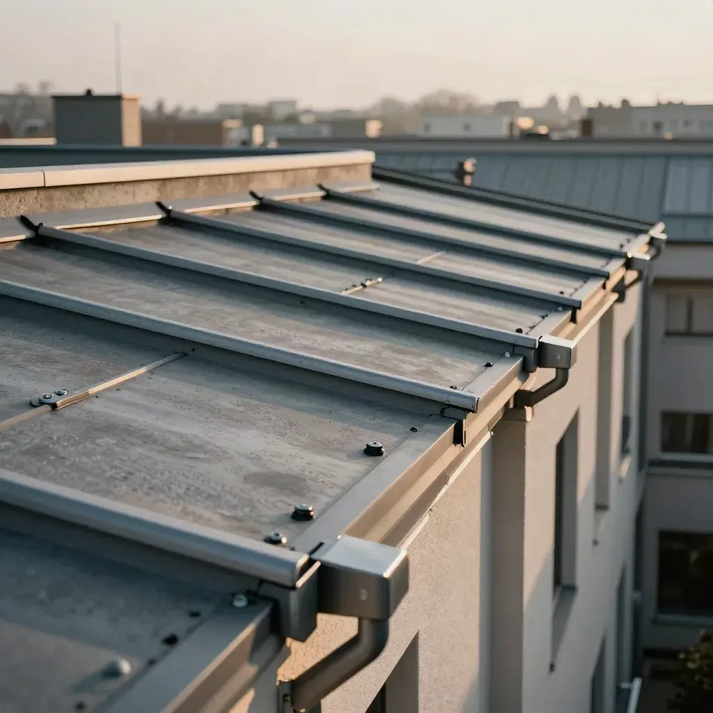 Close-up van vier nette appartementsdaken met schone goten, ankerpunten en lichte stadsnevel.