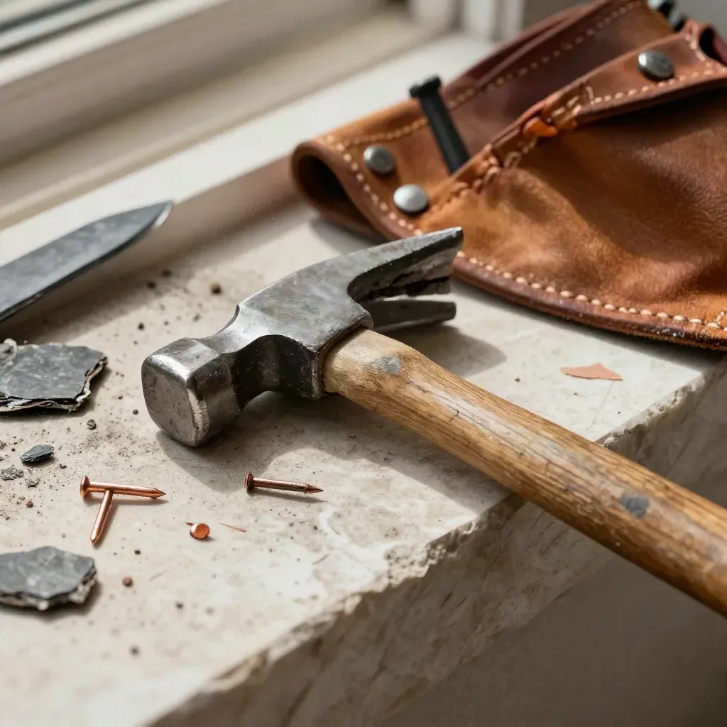 Dakhamer, leienmes, koperen nagels en leren holster op stoffige travertin met dakpanrest.