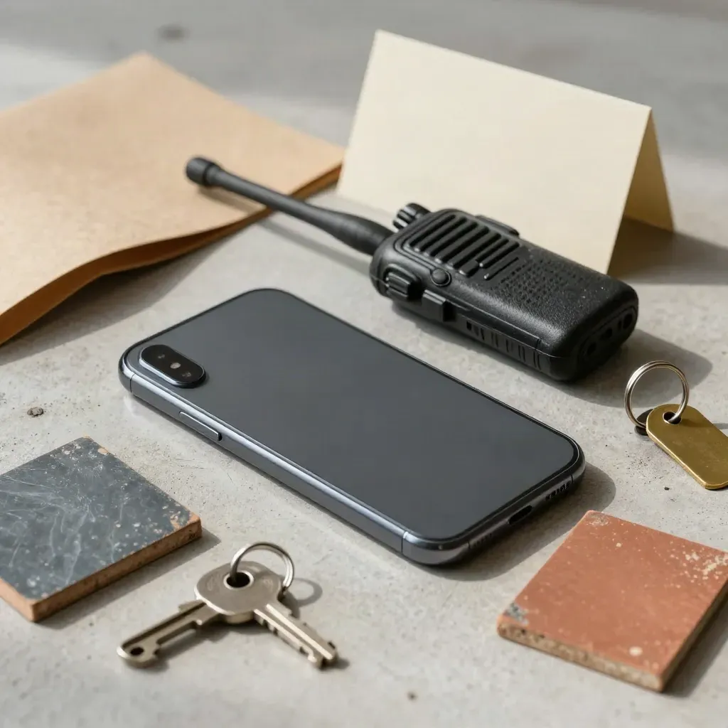 Bovenaanzicht van smartphone, portofoon, sleutels en dakpanstalen op een betonnen werkvlak.