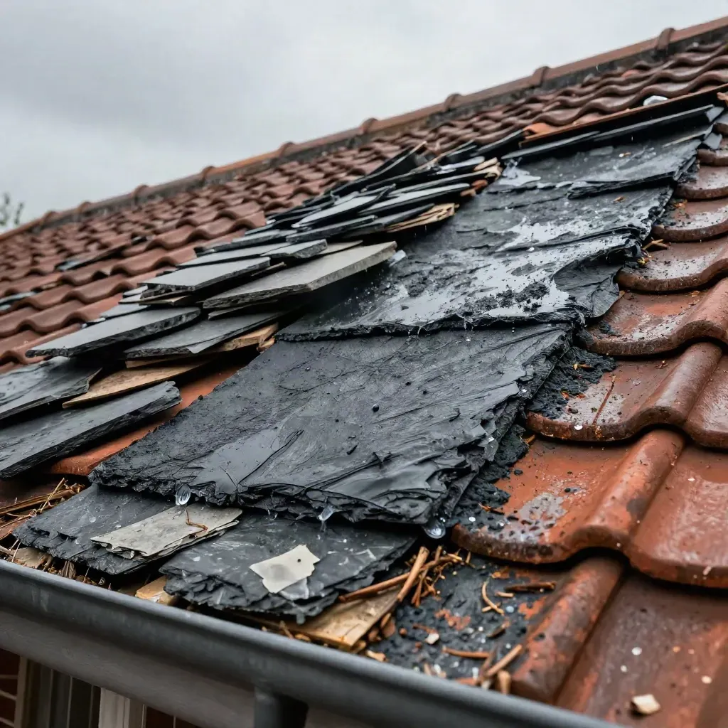 Noodherstel op een schuin dak met verse patch, losse pannen en natte takresten na de storm.