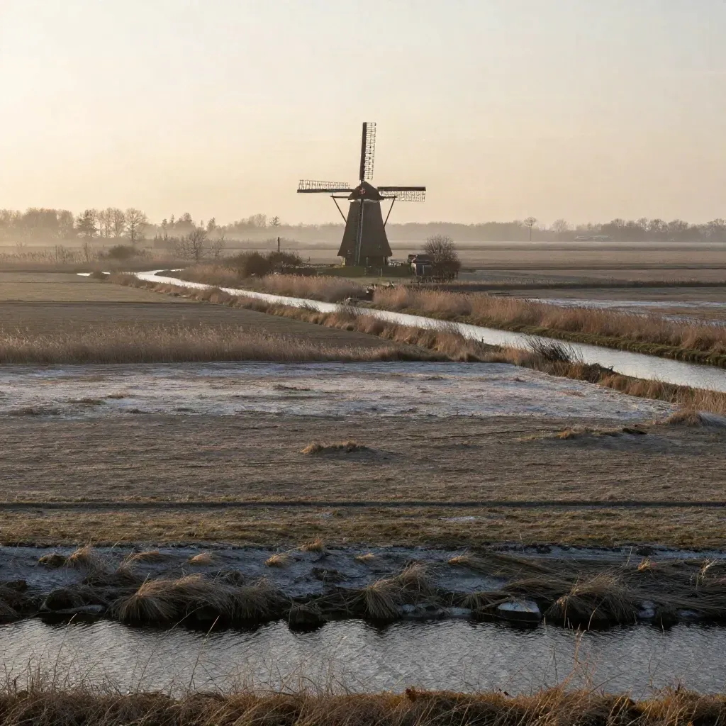 Winderige polder met windmolen, sloten en mistig gouden avondlicht in Noord-Holland.