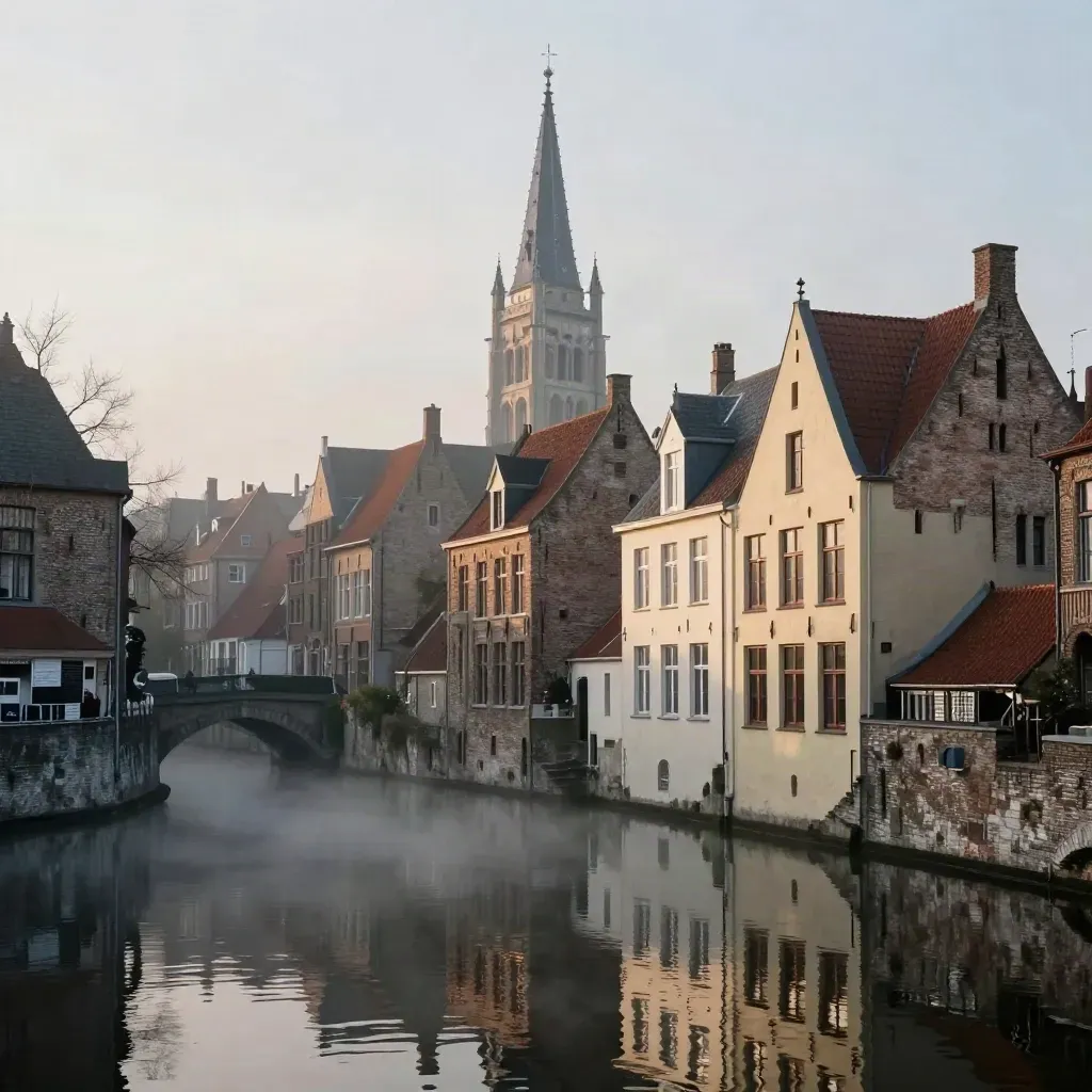 Domtoren boven mistige Utrechtse daken en een stille smalle gracht bij ochtendlicht.