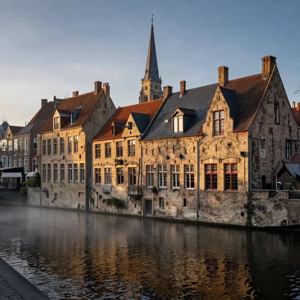 Historische gevels en kerkspits langs een stille singel in warm avondlicht.