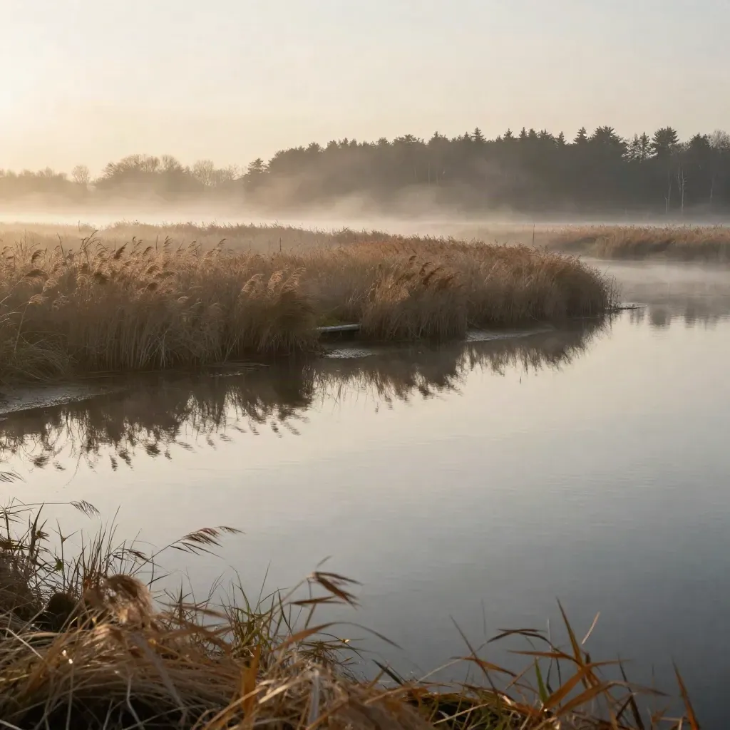Riet langs een dijk met polderwater en een mistige bosrand in Gelderland