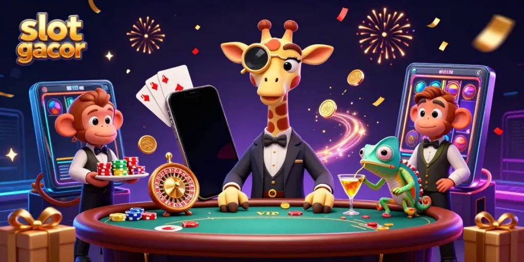 Experience excitement at slot gacor with a high-roller giraffe, monkey valet, and chameleon bartender in a vibrant casino scene.