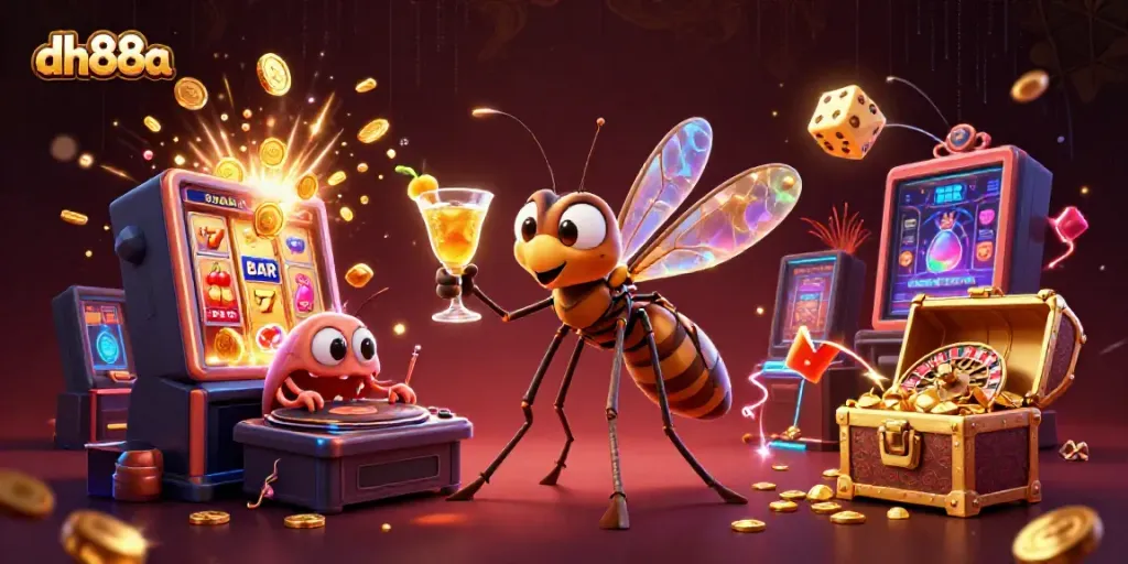 Engage with dh88a’s vibrant casino world featuring a frozen mosquito, trilobite DJ, and golden roulette wheel.