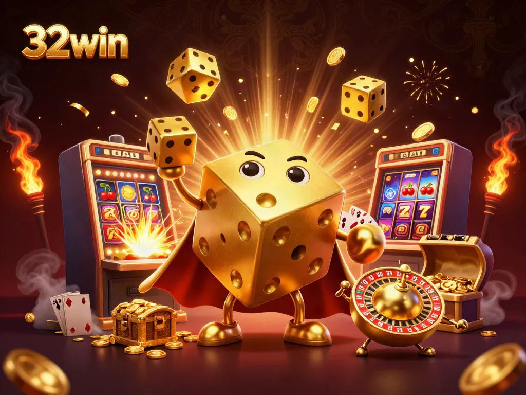 Enjoy exhilarating games at 32win with golden dice and vibrant slot machines animated in action.