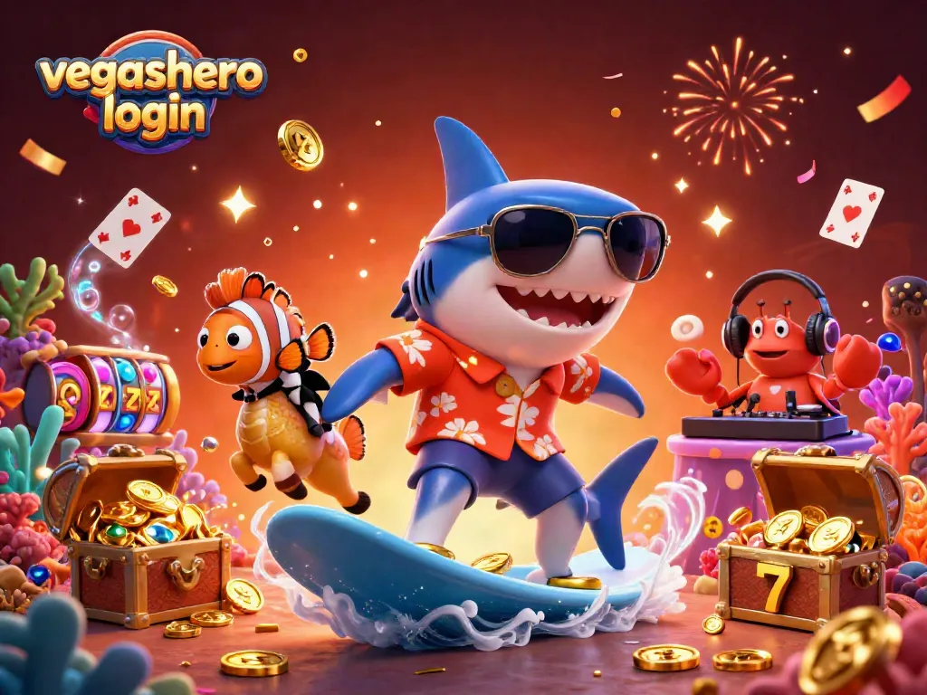 Join the fun with vegashero login as a shark surfs gold coins in a vibrant underwater casino scene.