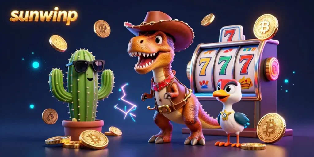 Experience the thrill of sunwinp with a T-Rex cowboy and casino elements, capturing the excitement of winning!