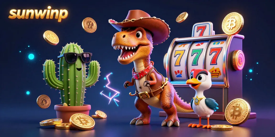 Experience the thrill of sunwinp with a T-Rex cowboy and casino elements, capturing the excitement of winning!