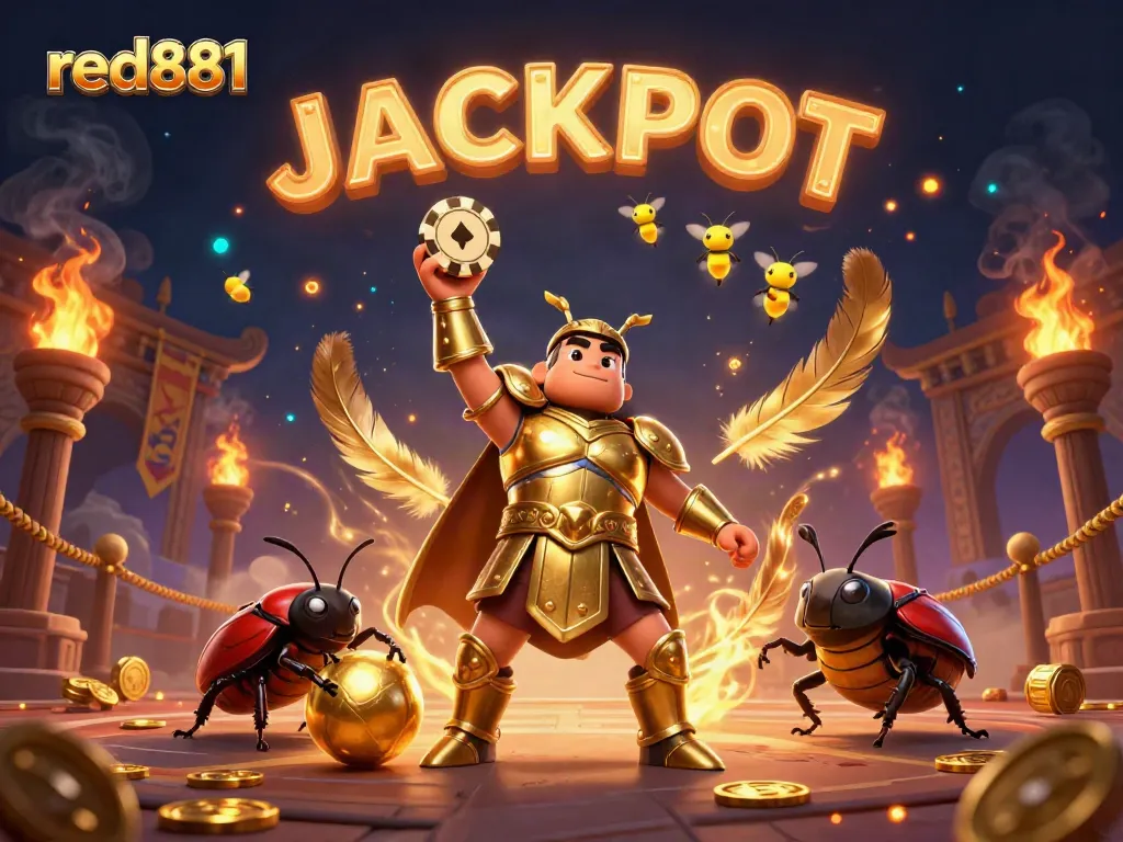 Experience the excitement of red881 as the victorious beetle lifts a poker chip amidst glowing visuals.