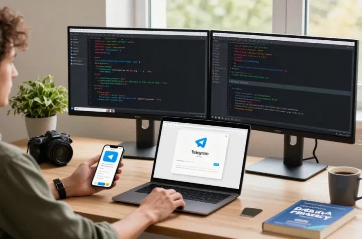 Download Telegram in a modern tech workspace, featuring developers immersed in coding and Telegram app setup.
