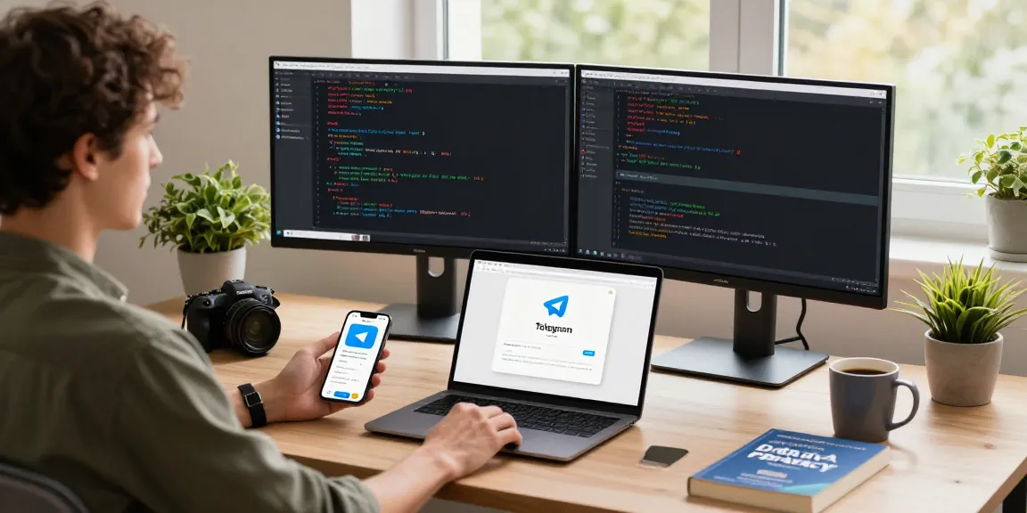 Download Telegram in a modern tech workspace, featuring developers immersed in coding and Telegram app setup.