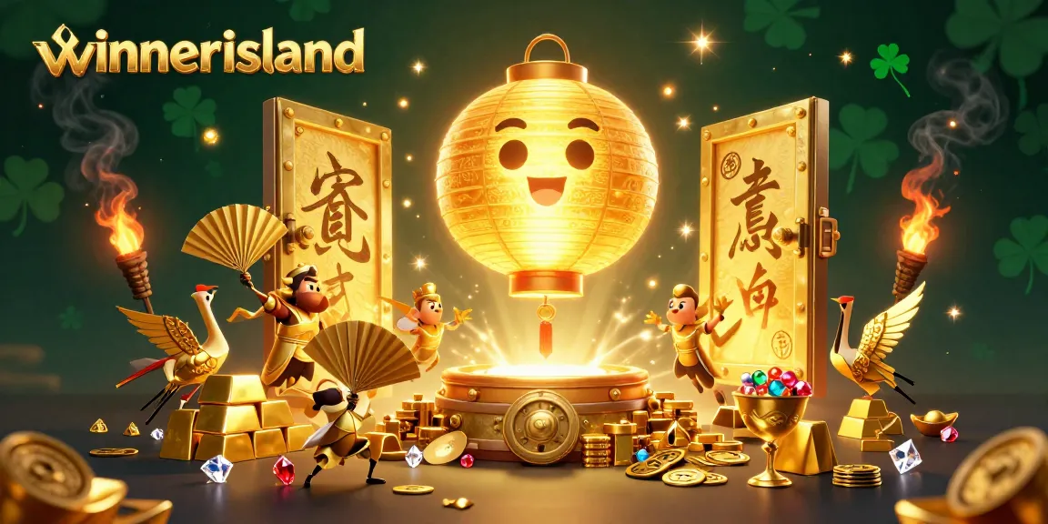 winnerisland presents a vibrant 3D scene with golden symbols and casino elements showcasing exciting gaming adventures
